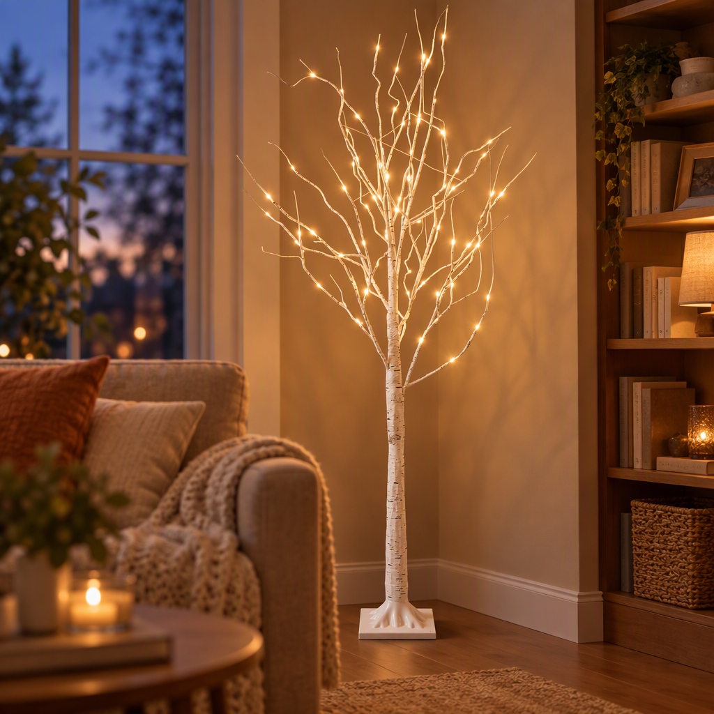 Lighted birch tree glowing in a cozy living room corner