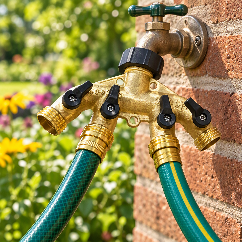 4-way brass garden hose splitter attached to an outdoor spigot