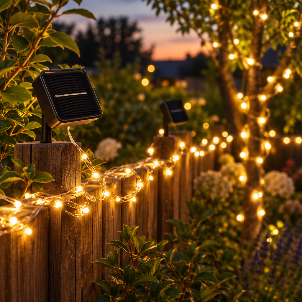 Outdoor solar string lights draped along a garden fence at dusk