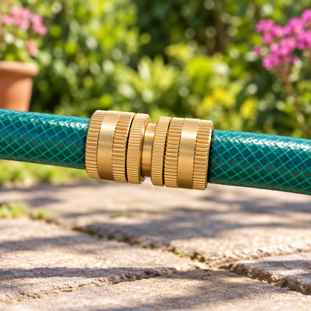Brass garden hose connector with dual swivel joining two hoses on a patio