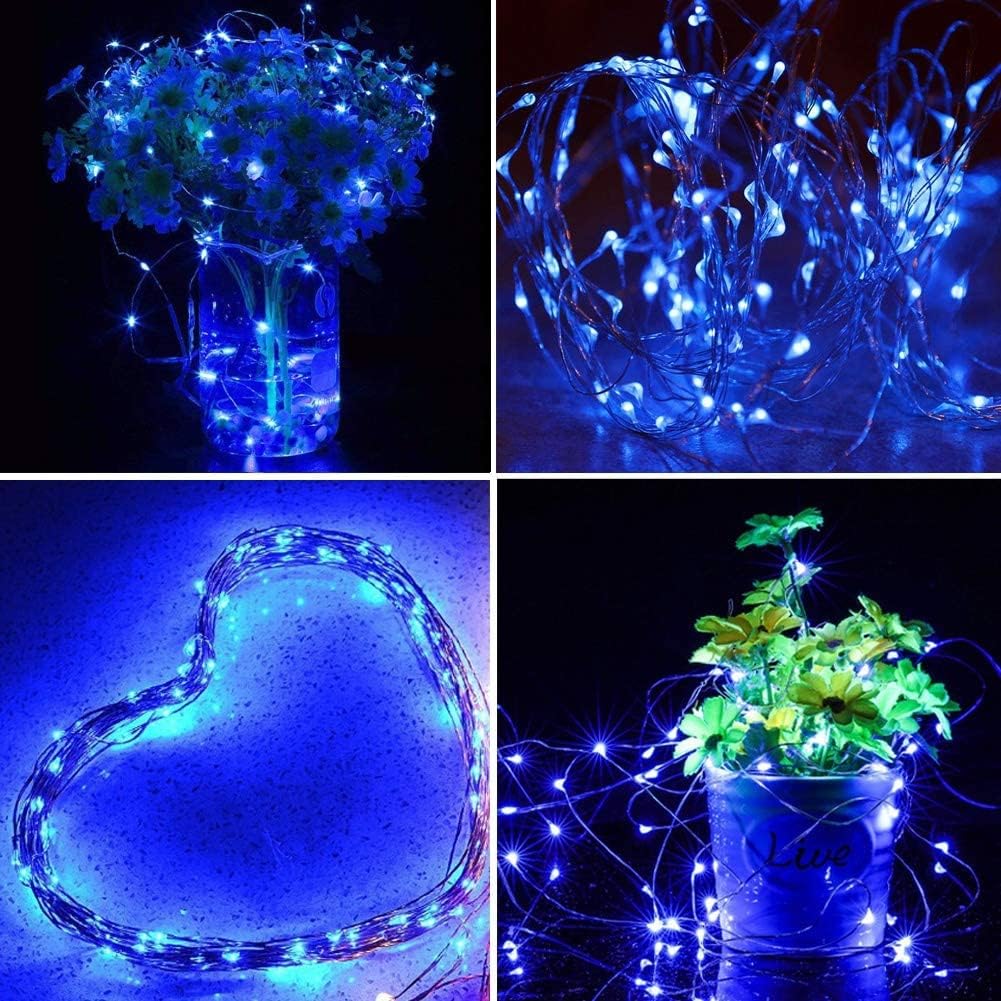 Twinkle Star Christmas Fairy Lights Battery Operated, 33ft 100 LED Waterproof Silver Wire String Light, Remote Control & 8 Modes Indoor Outdoor Xmas Tree Wedding Party Decorations, Blue, 1 Pack