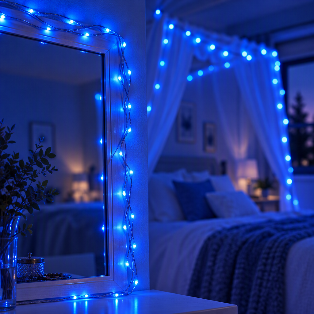 Blue LED fairy lights draped around a bedroom mirror frame