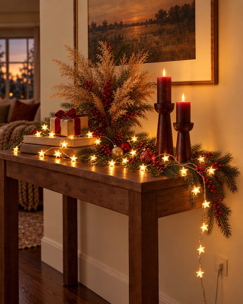 Lighted birch tree standing in a living room corner beside a sofa