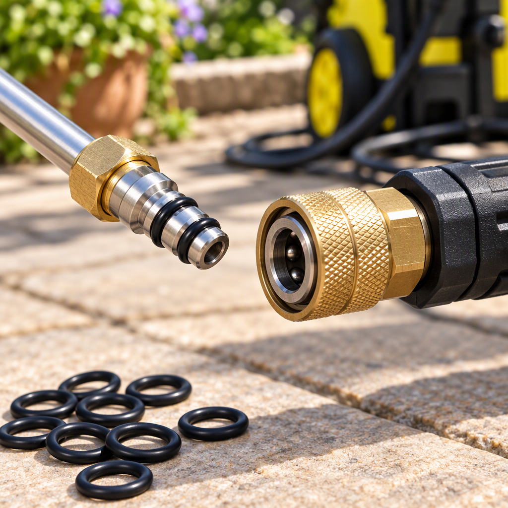 Pressure washer O-rings fitted onto a quick-connect coupler