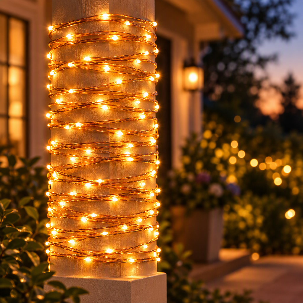 Warm white copper wire fairy lights wrapped around a porch pillar at dusk