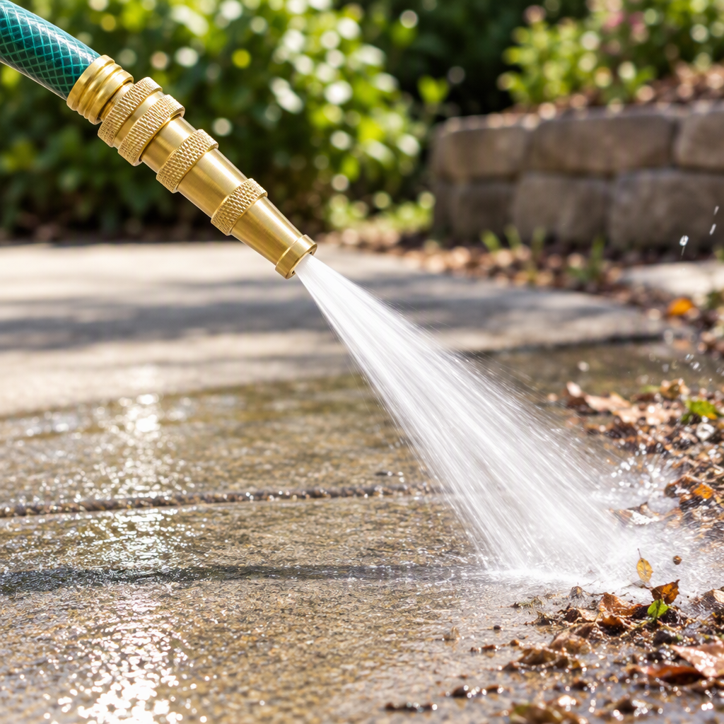 Brass twist hose nozzle spraying a jet of water on a driveway
