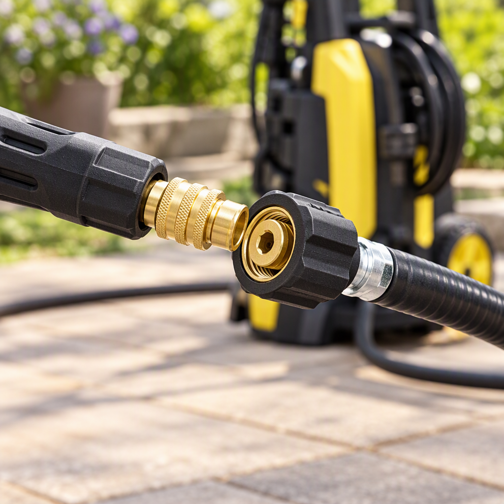 Pressure washer adapter connecting a wand to its hose on a patio