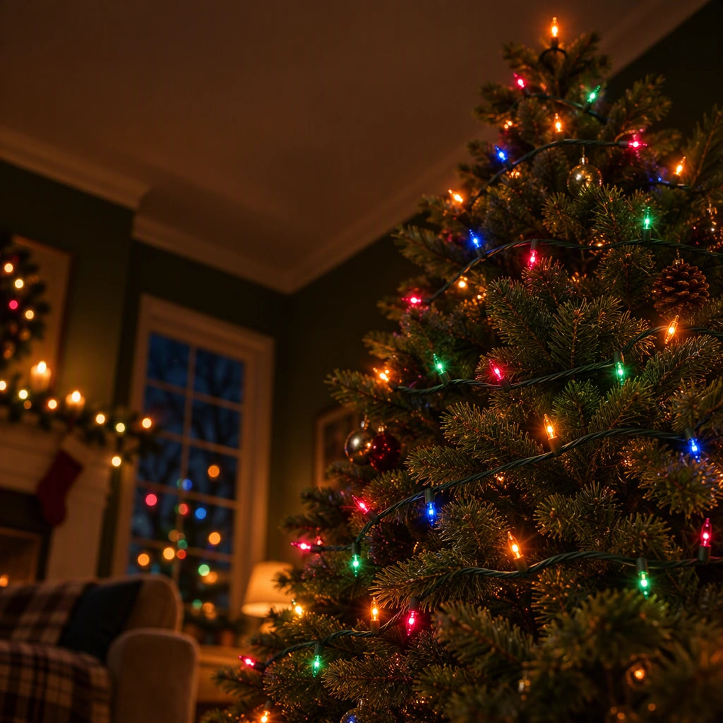 Indoor Christmas tree decorated with multicolor lights