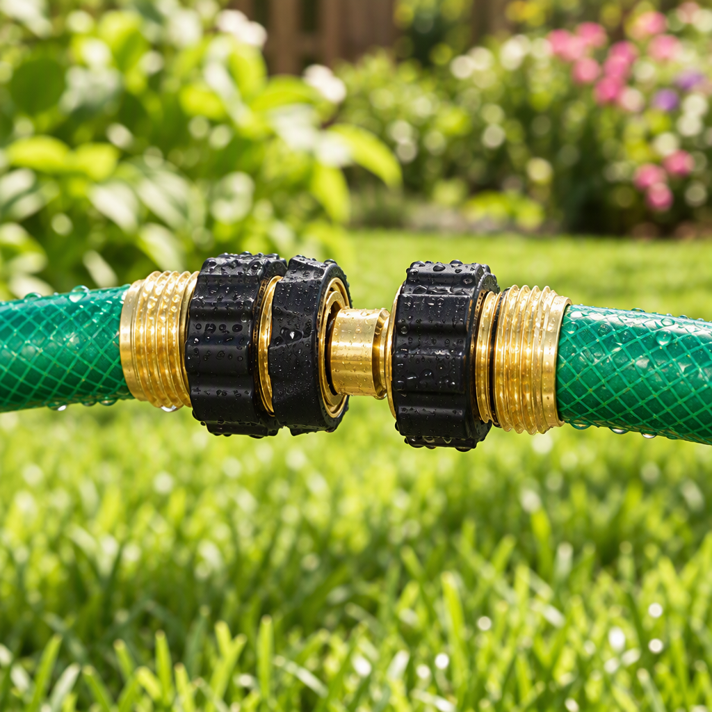 Garden hose quick connector joining two hose sections in a backyard