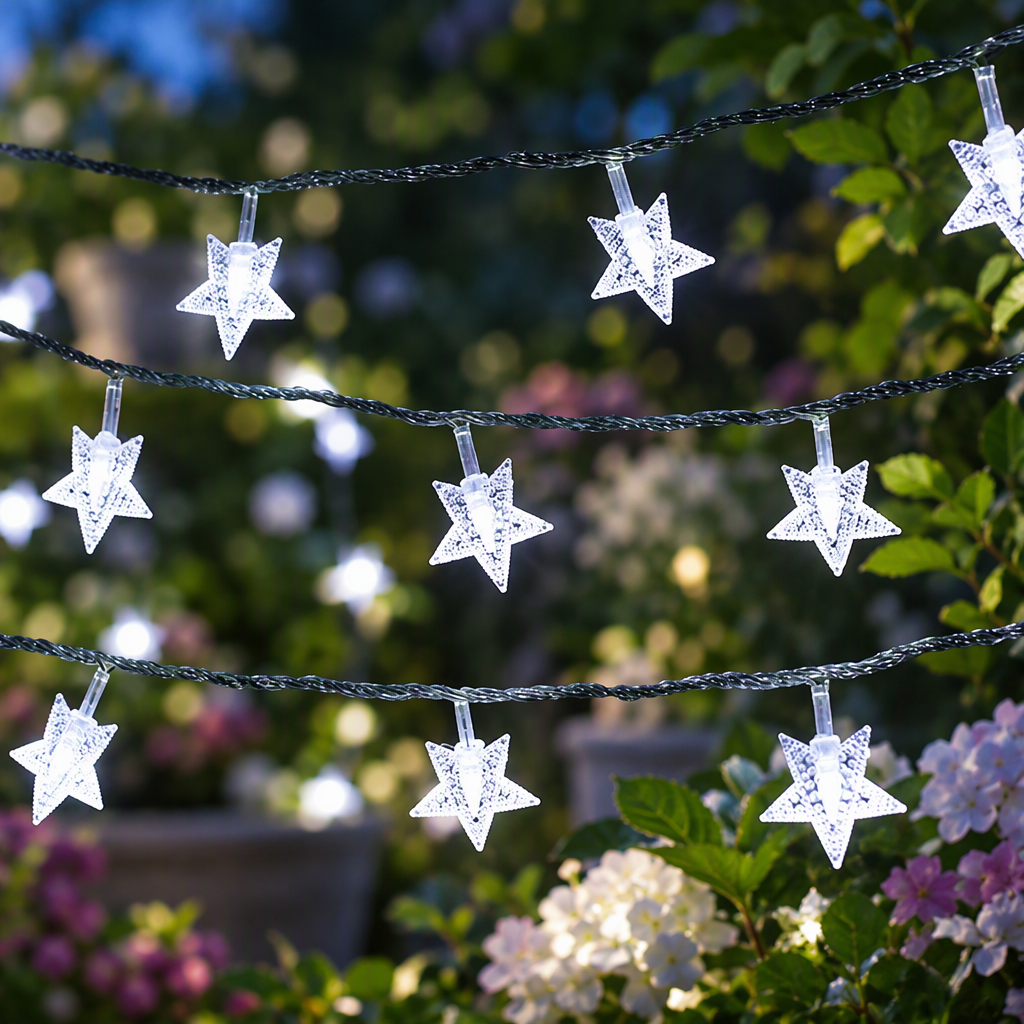 Cool white star-shaped LED string lights glowing among garden flowers