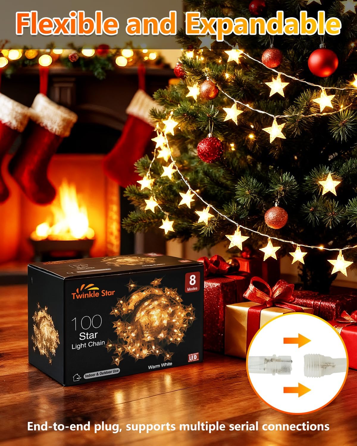 Twinkle Star 100 LED Star String Lights, 33FT Plug in Fairy String Lights Waterproof for Bedroom Decor, Indoor, Outdoor, Wedding Party, Christmas Tree, New Year, Ramadan, Warm White