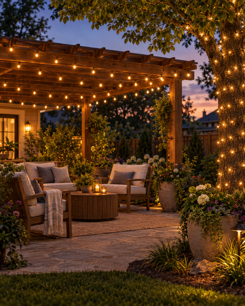 Solar string lights glowing in a garden at dusk