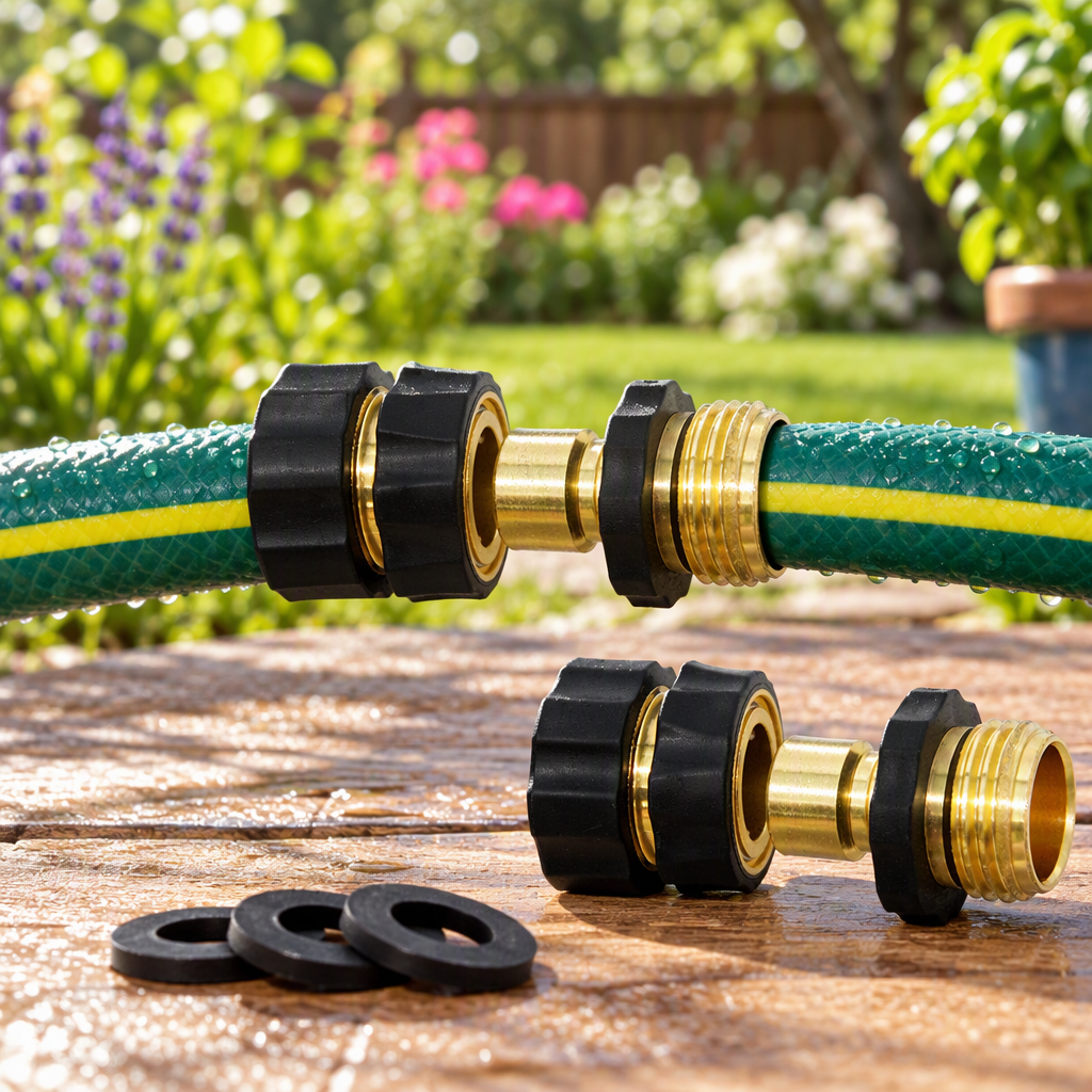 Garden hose quick connector set joining hose sections in a backyard