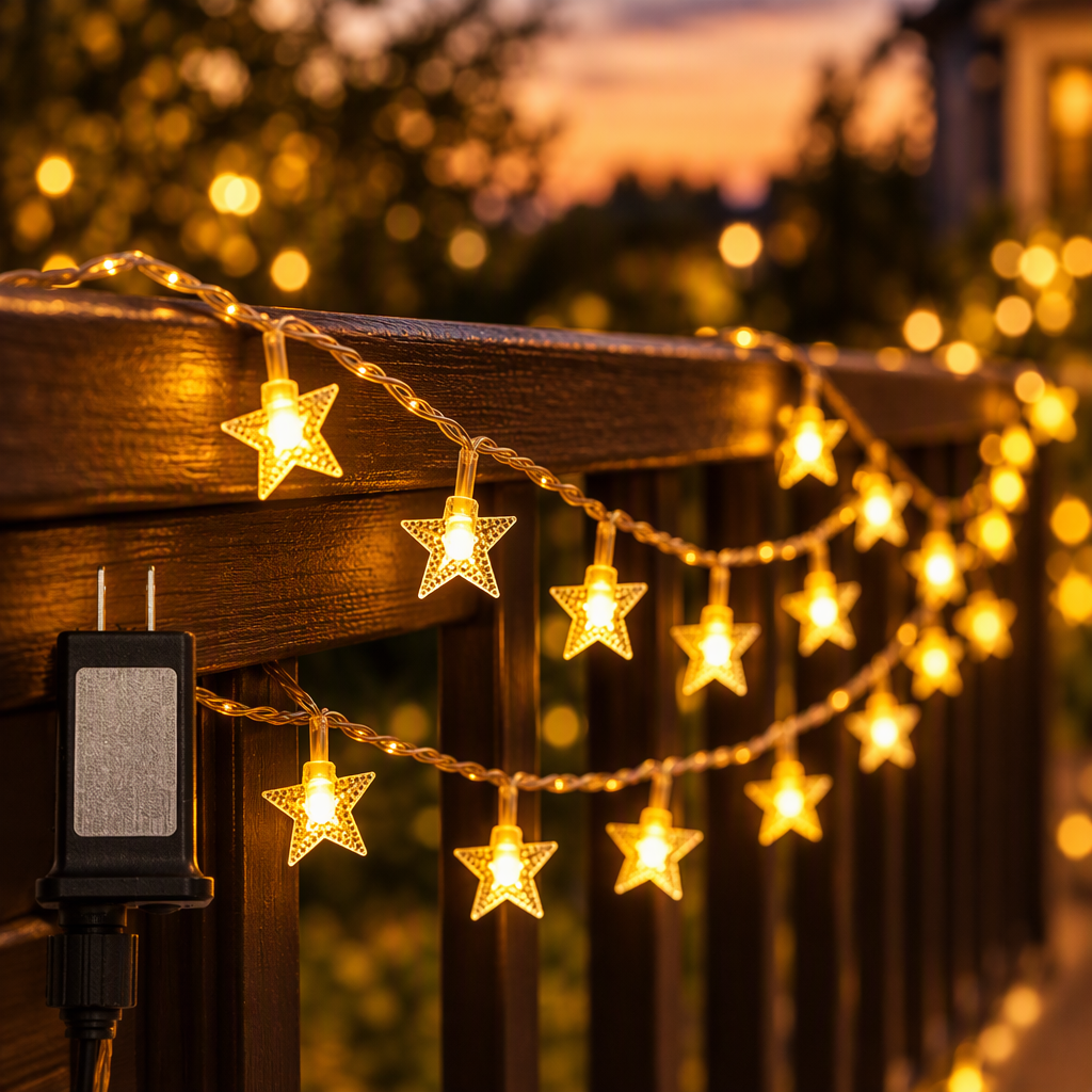 Warm white star-shaped LED string lights glowing along an outdoor railing