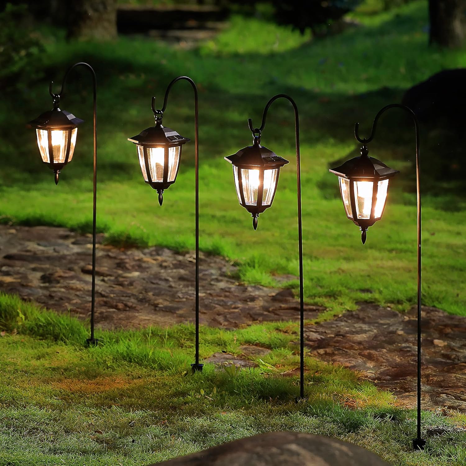 34 Inch Hanging Solar Lights, Decorative Garden Lanterns with 2 Shepherd Hooks, Solar Powered Coach Lights, Warm White LED Outdoor Lighting for Landscape, Yard, Pathway and Patio, 2 Pack