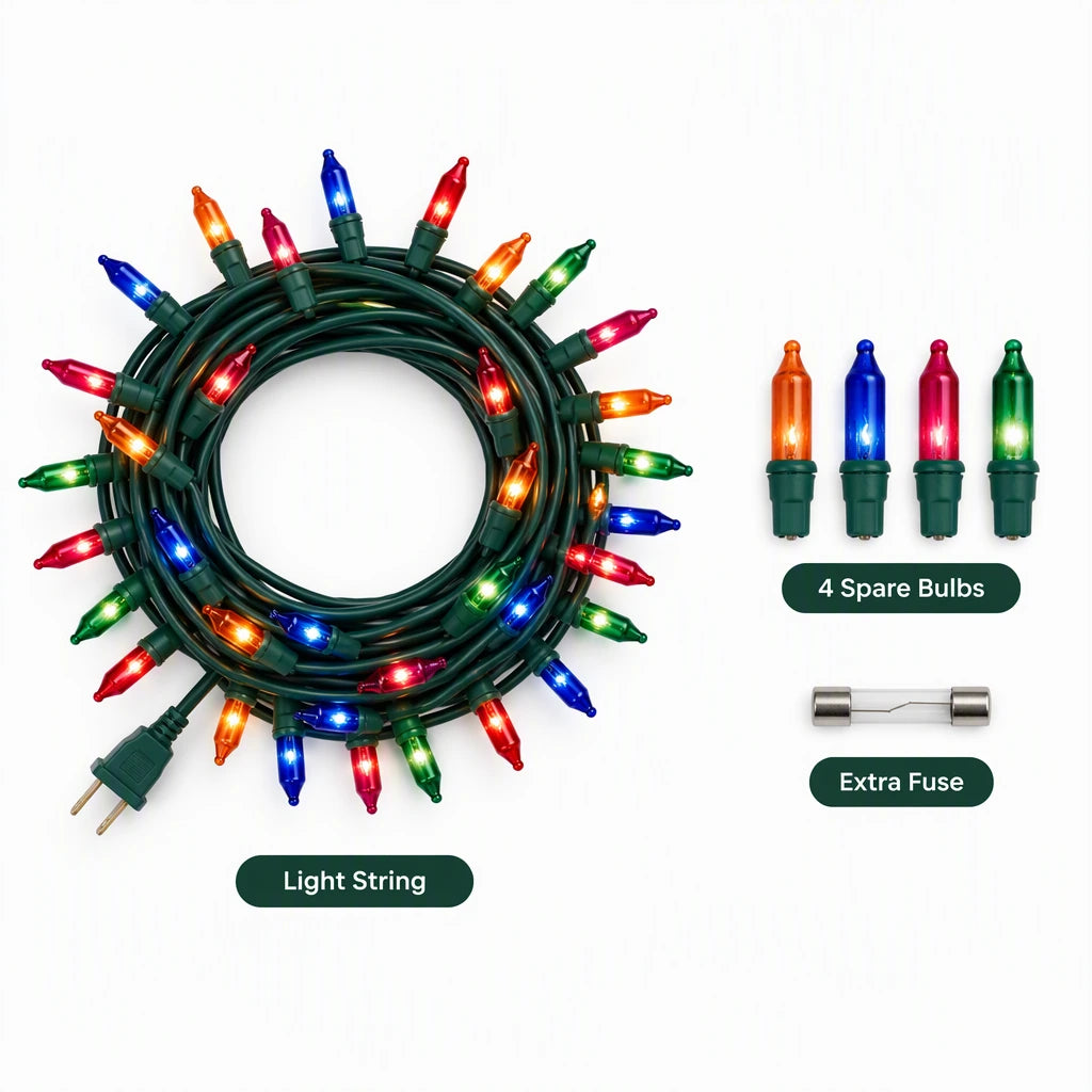 Flat lay of box contents: light string, 4 spare bulbs, 1 extra fuse