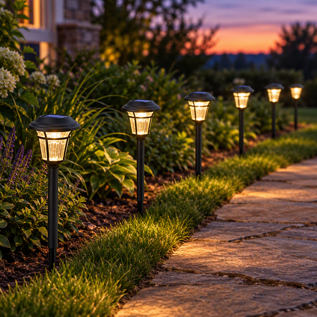 Solar LED pathway lights glowing along a garden walkway at dusk