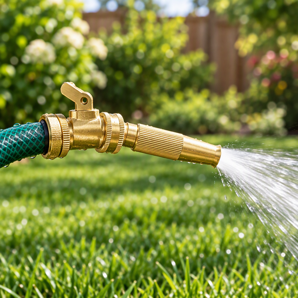 Brass twist hose nozzle spraying water onto a lawn