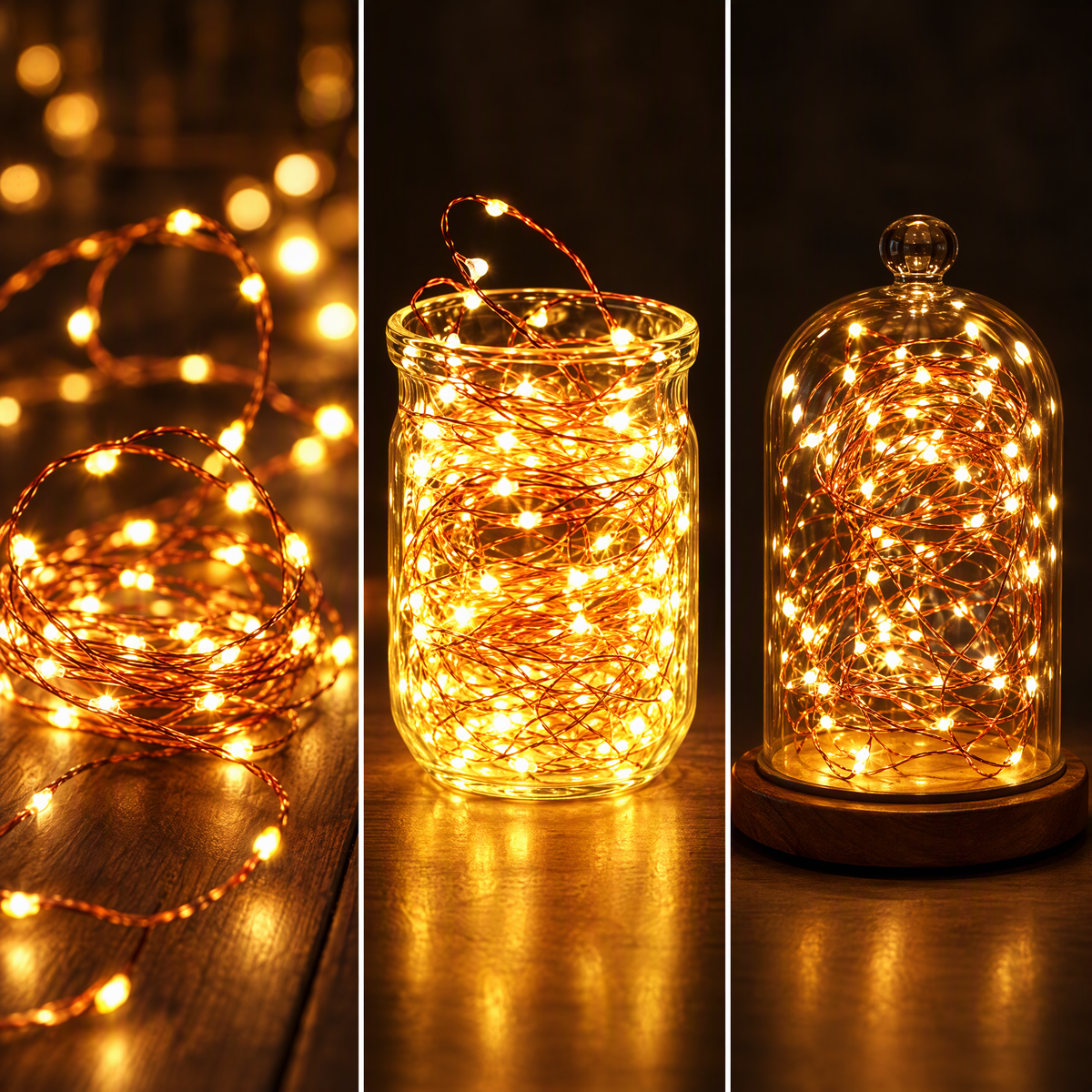 Twinkle Star string lights in a jar, glass dome, and coiled on wood floor