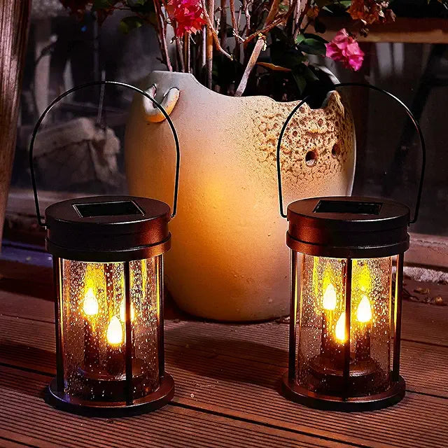 Solar Lantern Lights, 2 Pack Outdoor LED Solar Hanging Lantern Lights with Star Projection, Warm White Solar Garden Lights Retro Table Lantern Lights Waterproof for Garden Patio Courtyard Pat - Twinkle Star