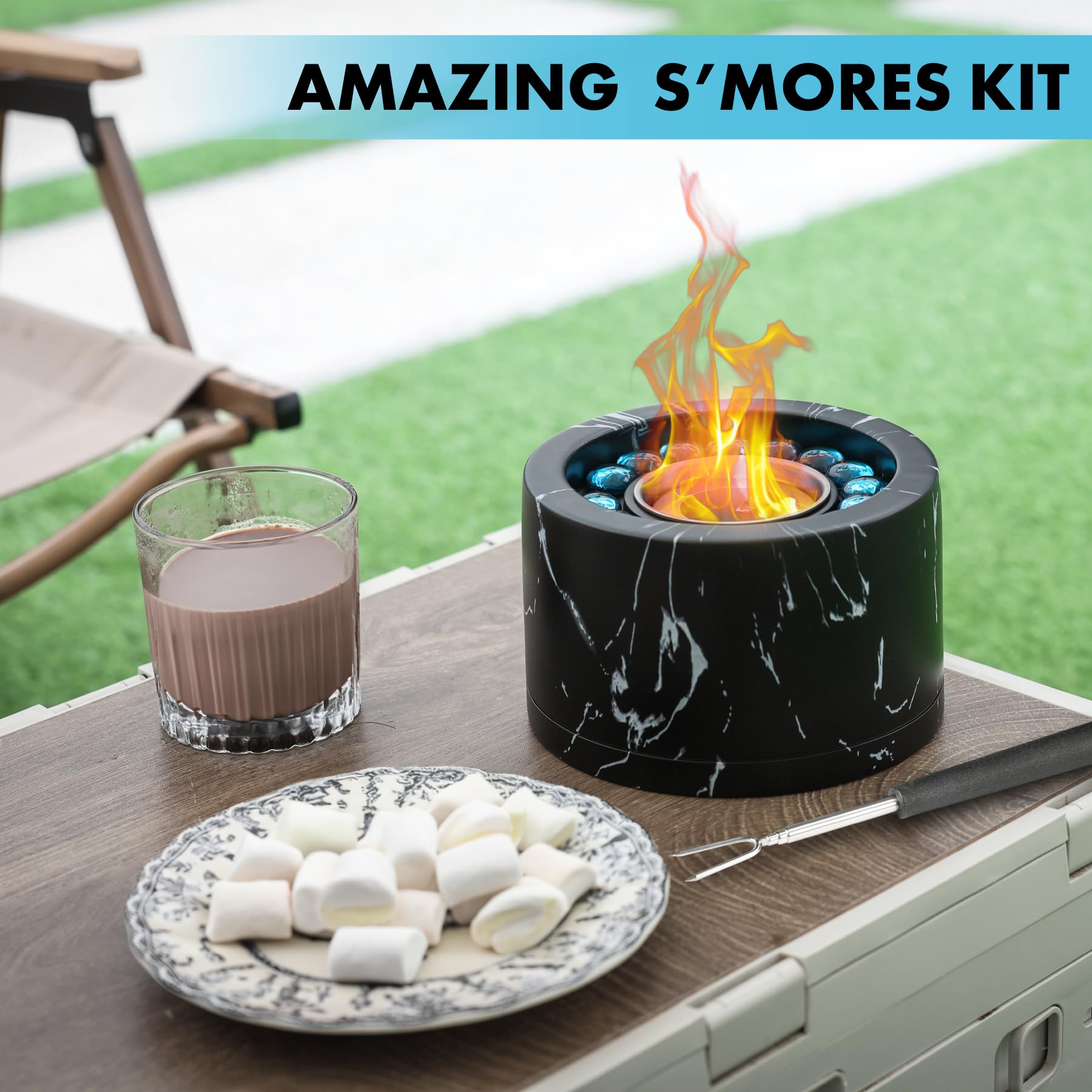 Twinkle Star Tabletop Fire Pit Bowl, Bio Ethanol Fuel Fire Pit with 2 extendable Marshmallow Roasting Stick Forks, Table Top Fire Pit Bowl/Mini Tabletop Fireplace for Indoor & Garden Black