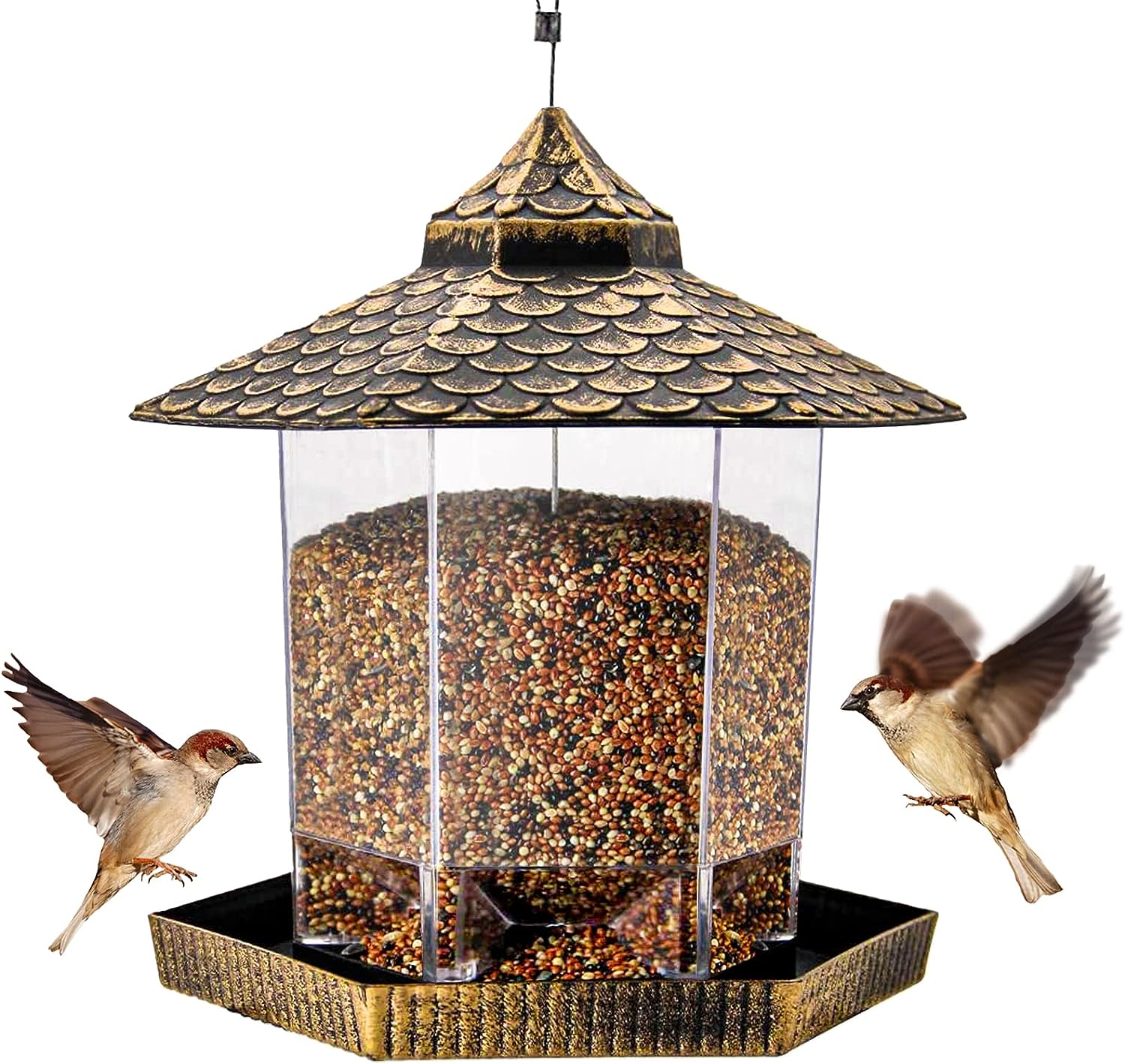 Wild Bird Feeder Hanging for Garden Yard Outside Decoration, Hexagon Shaped with Roof