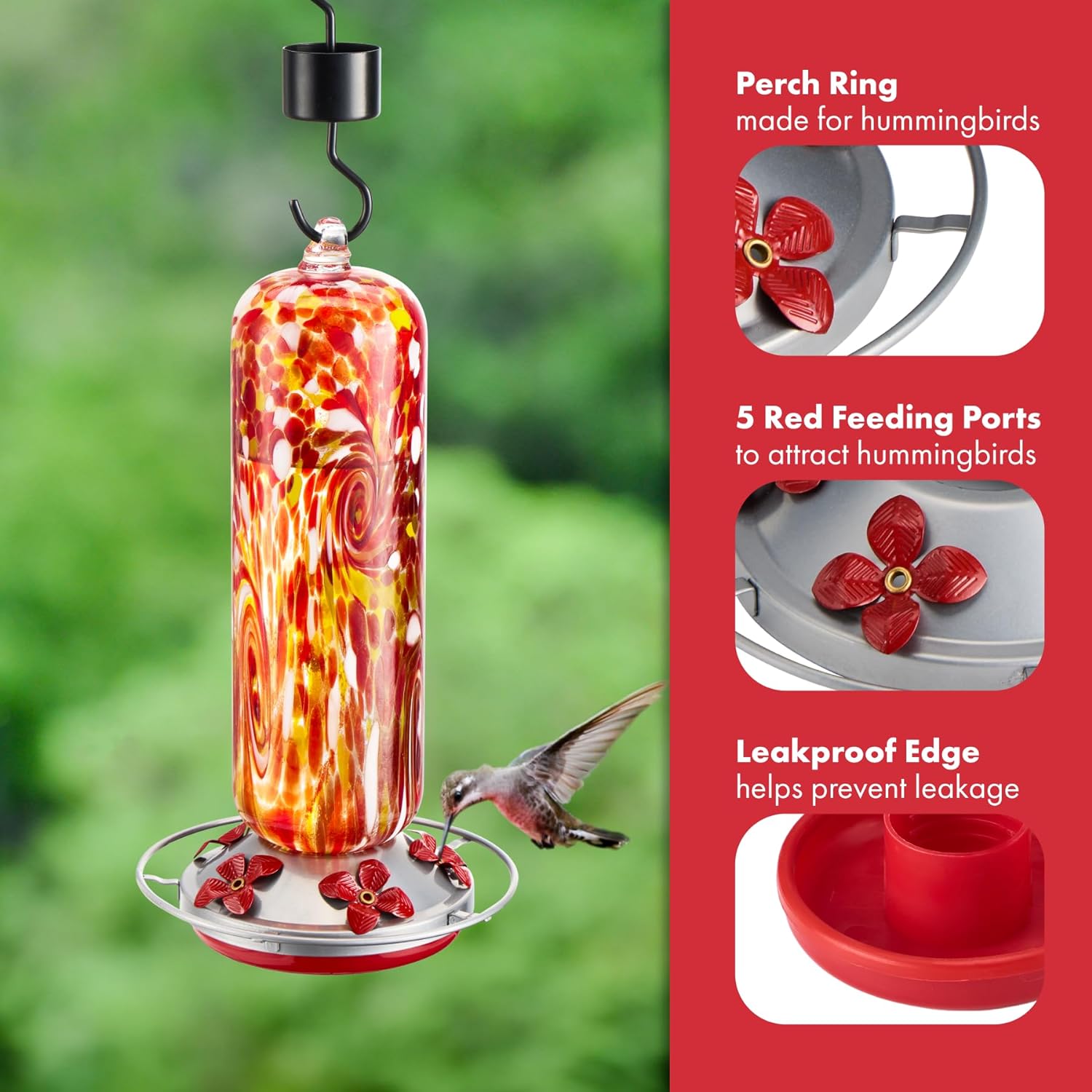 Hummingbird Feeder Glass, 28fl.oz Hummingbird Feeders for Outdoors Hanging, 5 Feeding Ports & Perch Ring, Hand Blown, Hummingbirds Gifts, Garden Decor, incl. S Hook, Ant Moat, Rope