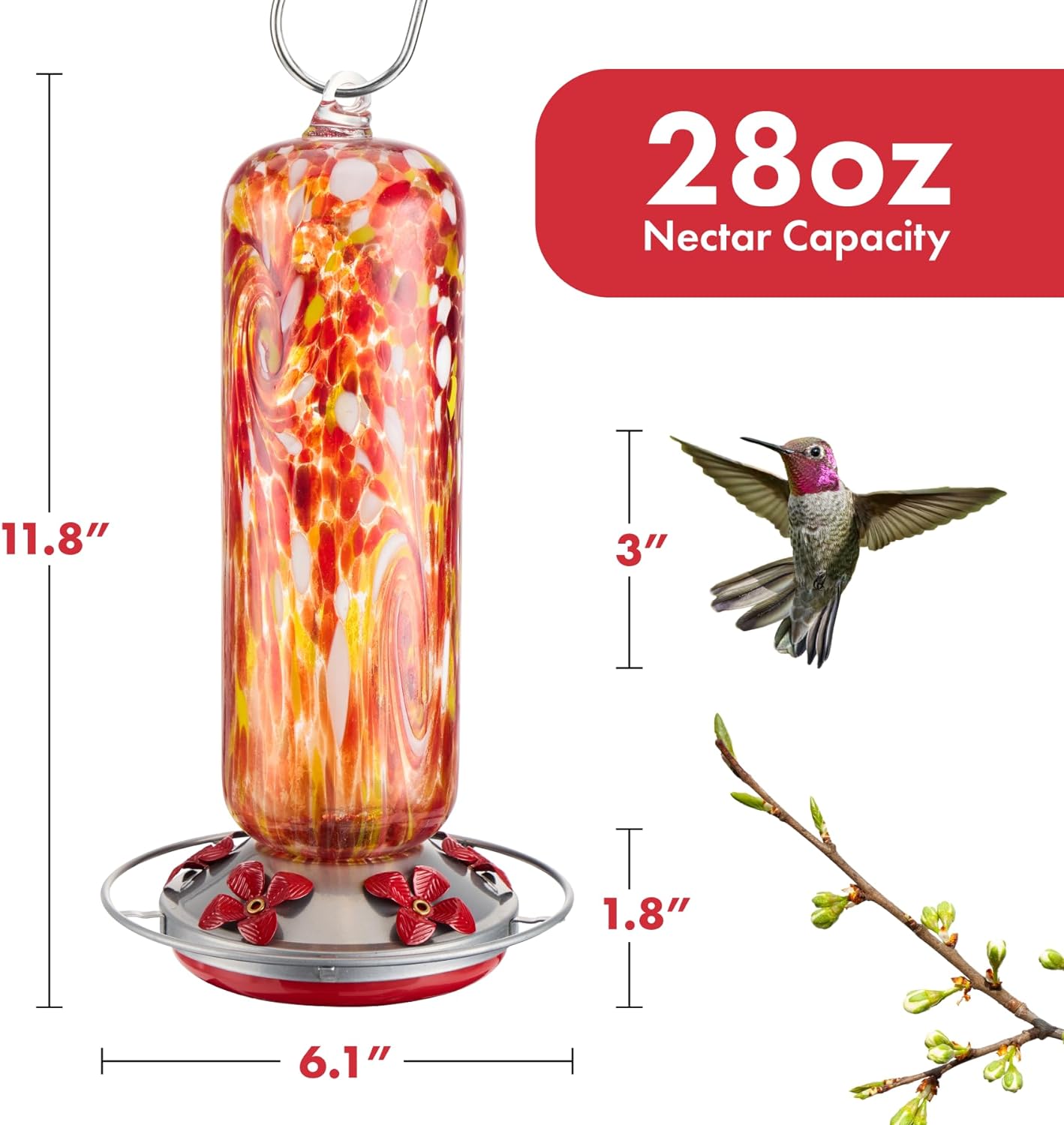 Hummingbird Feeder Glass, 28fl.oz Hummingbird Feeders for Outdoors Hanging, 5 Feeding Ports & Perch Ring, Hand Blown, Hummingbirds Gifts, Garden Decor, incl. S Hook, Ant Moat, Rope