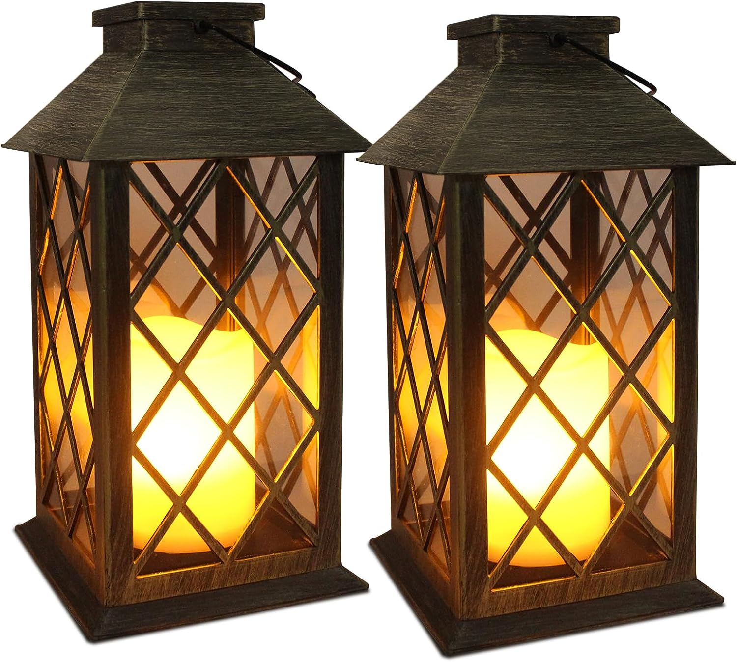 Solar Lantern,Outdoor Garden Hanging Lanterns,2 Pack 14 Inch Lasts 3X Longer 10 lumens Waterproof LED Flickering Flameless Candle Mission Lights for Table,Outdoor,Party Decorative - Twinkle Star