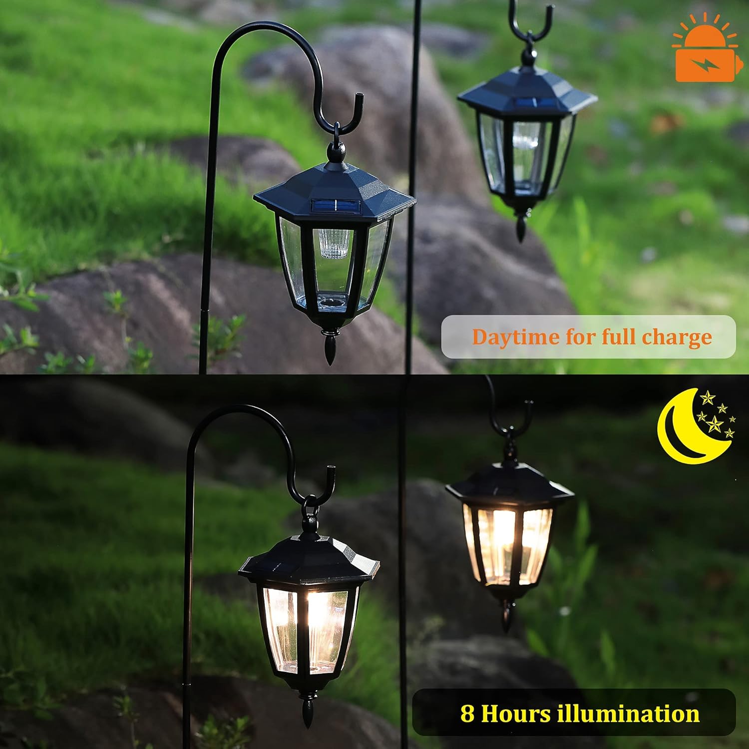 34 Inch Hanging Solar Lights, Decorative Garden Lanterns with 2 Shepherd Hooks, Solar Powered Coach Lights, Warm White LED Outdoor Lighting for Landscape, Yard, Pathway and Patio, 2 Pack