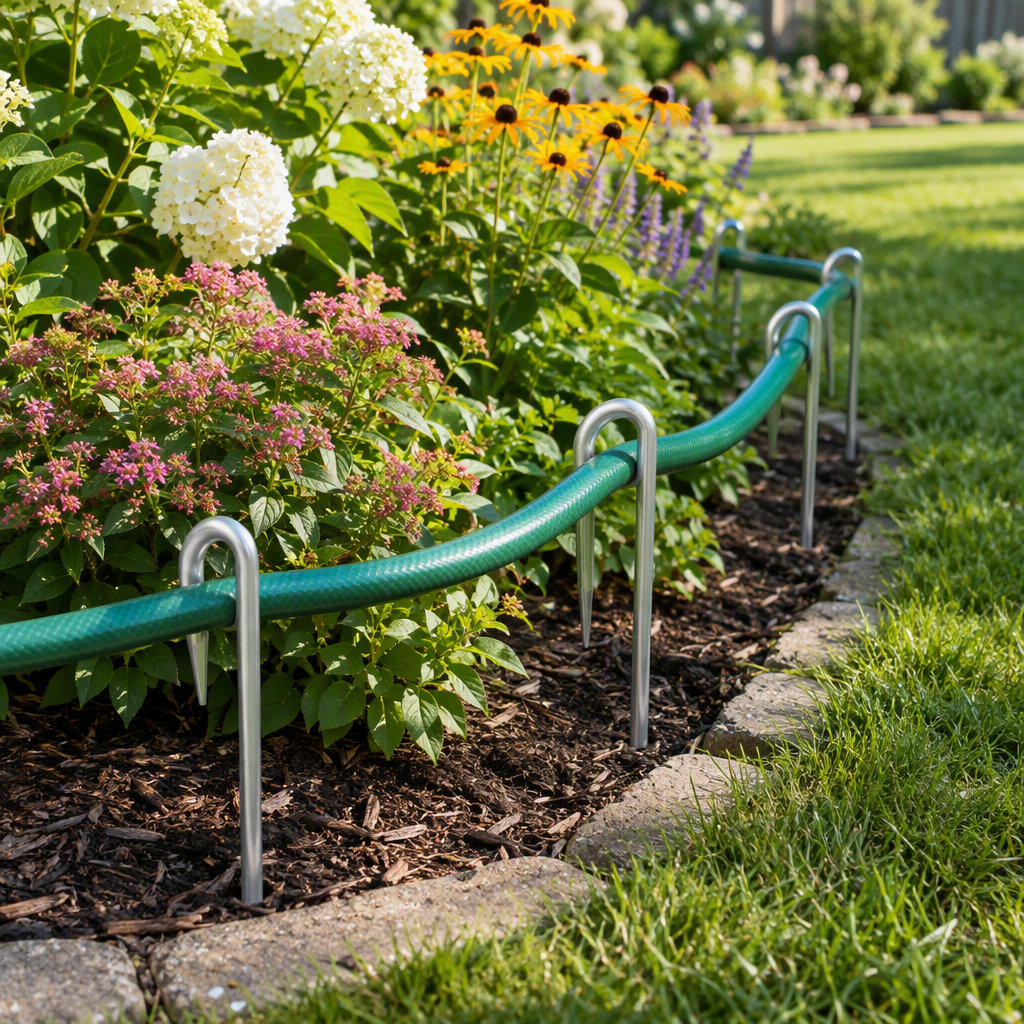 Garden hose guide spikes staked around a flower bed corner