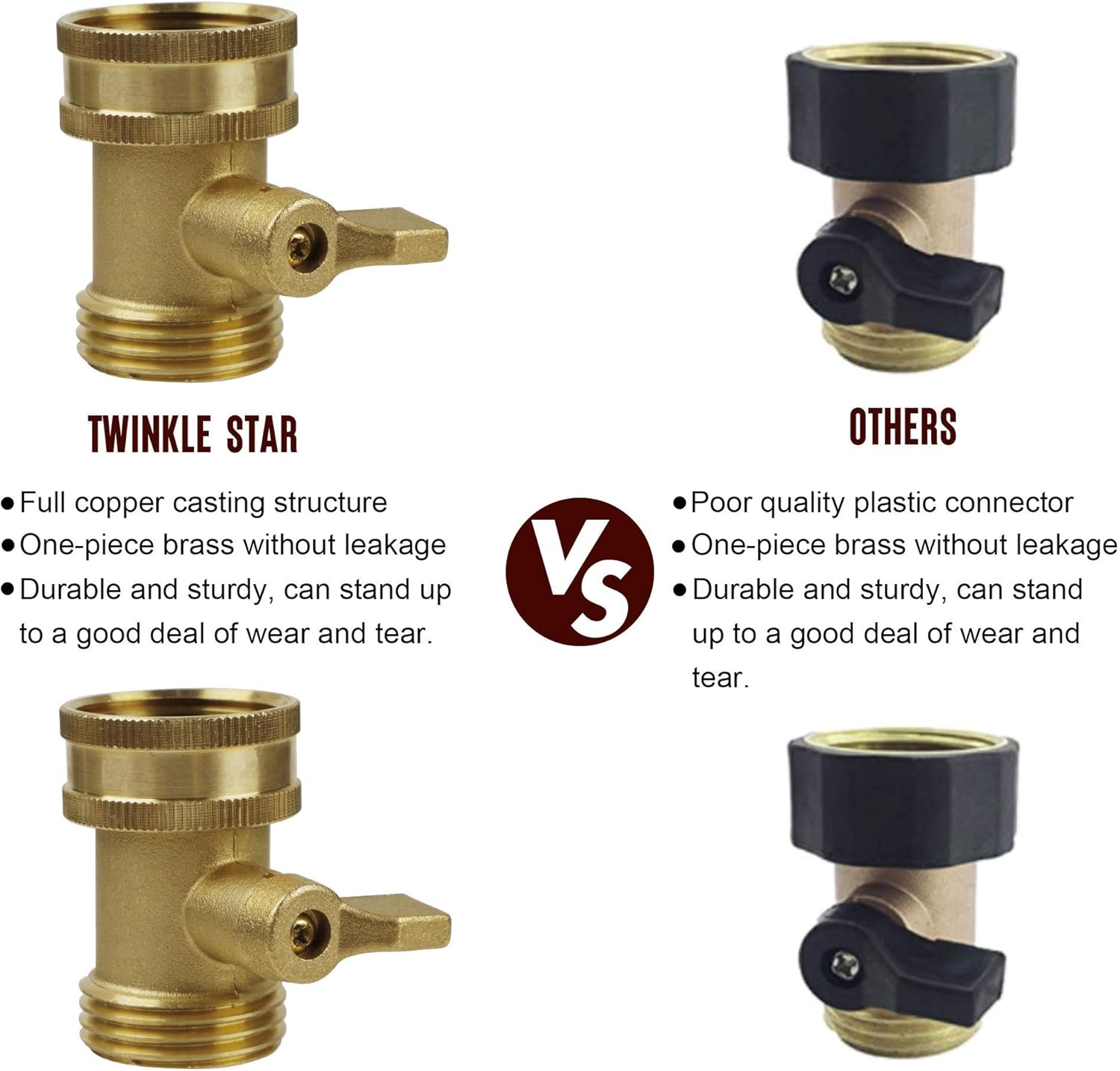 Twinkle Star Water Hose Shut Off Valve, 2 Pack Heavy Duty 3/4 Inch Solid Brass Garden Hose Connector