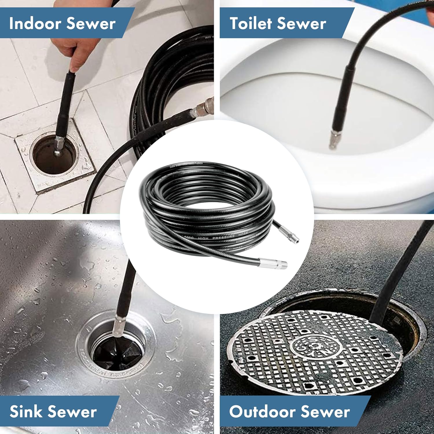 Twinkle Star Sewer Jetter Kit for Pressure Washer 50FT Hose, 1/4 Inch NPT, 5800 PSI Drain Cleaning Hose, Button Nose & Rotating Sewer Jetting Nozzle, Orifice 4.0, 4.5, 5.5