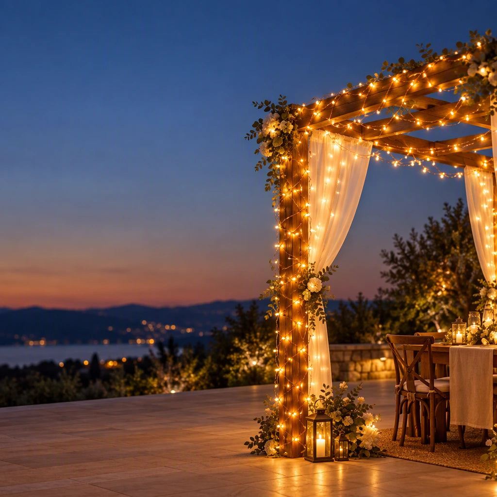 Outdoor patio or wedding arch decorated with the string lights