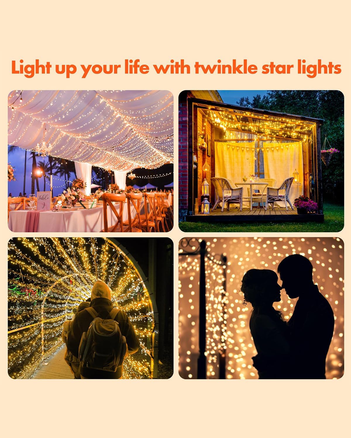 Twinkle Star 2/4 Pack Outdoor Solar String Lights, 39.4 FT 120 LED Solar Powered Decorative Fairy Lights with 8 Modes, Waterproof Black Wire Light for Thanksgiving Patio Yard Trees Party, Orange