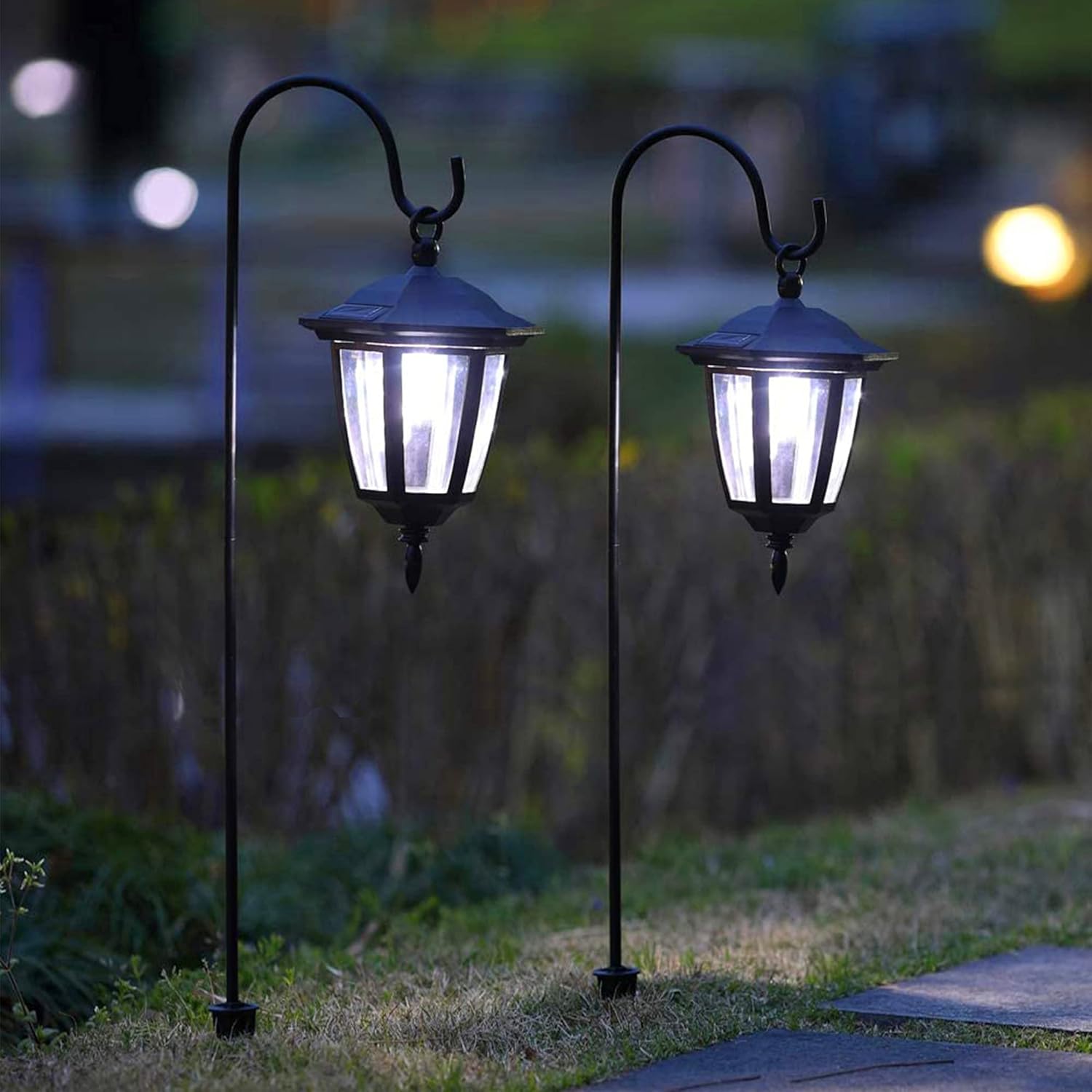34 Inch Hanging Solar Lights, Decorative Garden Lanterns with 2 Shepherd Hooks, Solar Powered Coach Lights, Warm White LED Outdoor Lighting for Landscape, Yard, Pathway and Patio, 2 Pack