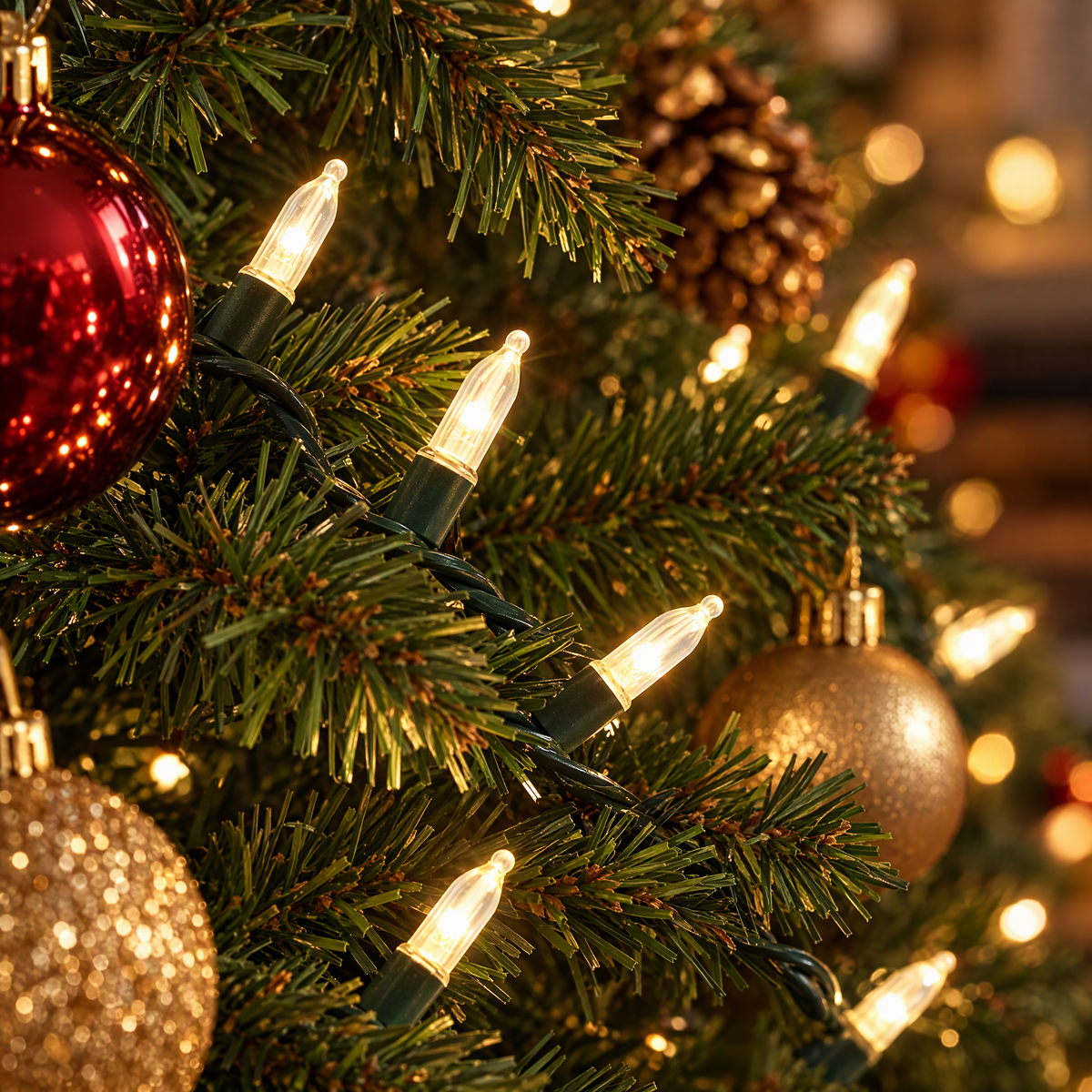 Close-up of warm-white string lights on a Christmas tree branch