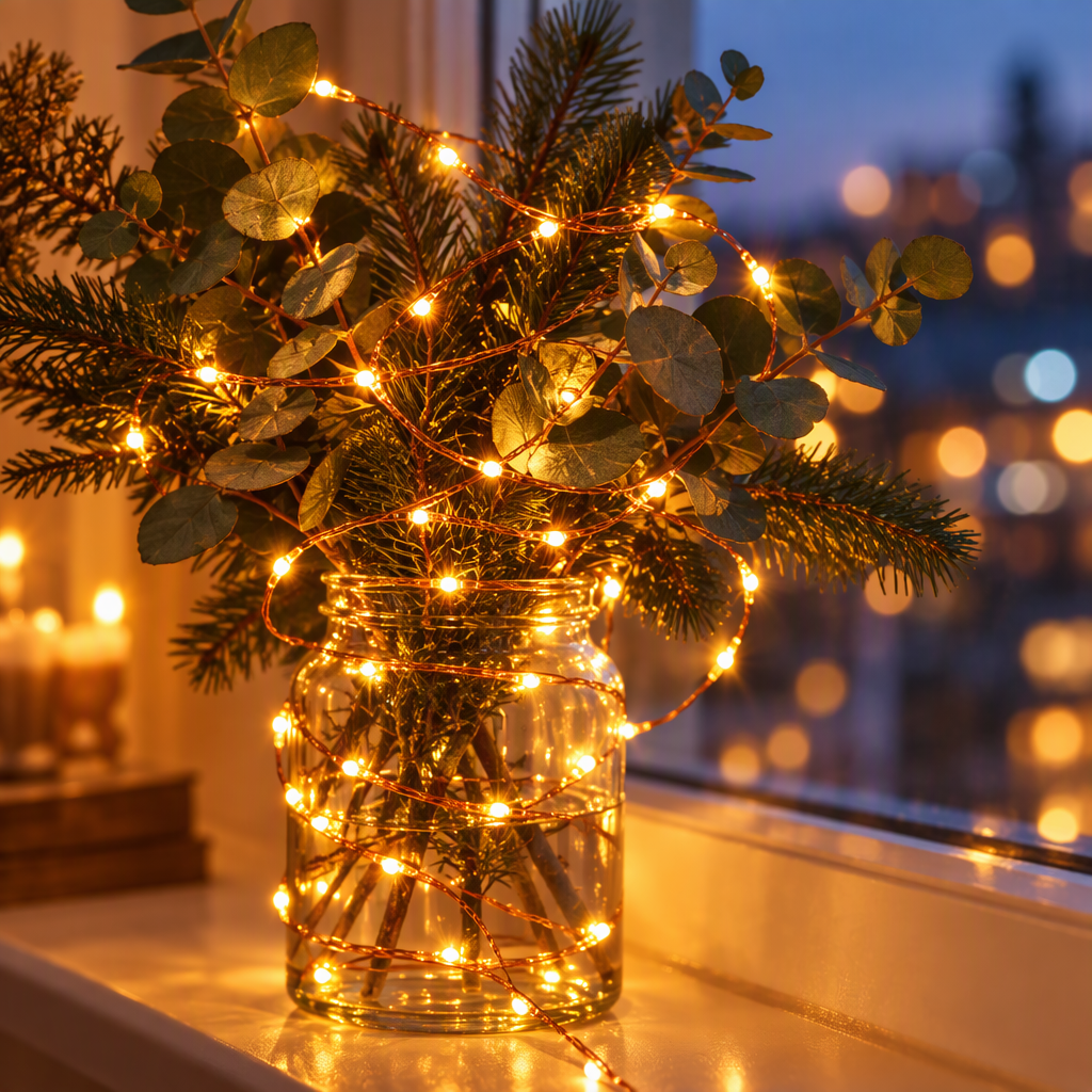 Warm white copper-wire LED string lights wrapped around branches in a jar