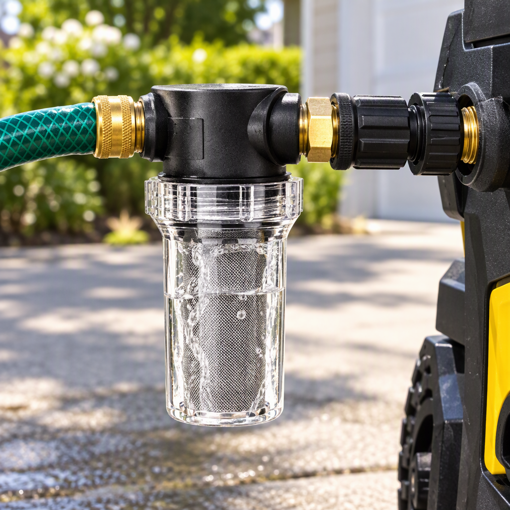 Inline hose sediment filter installed on a pressure washer inlet