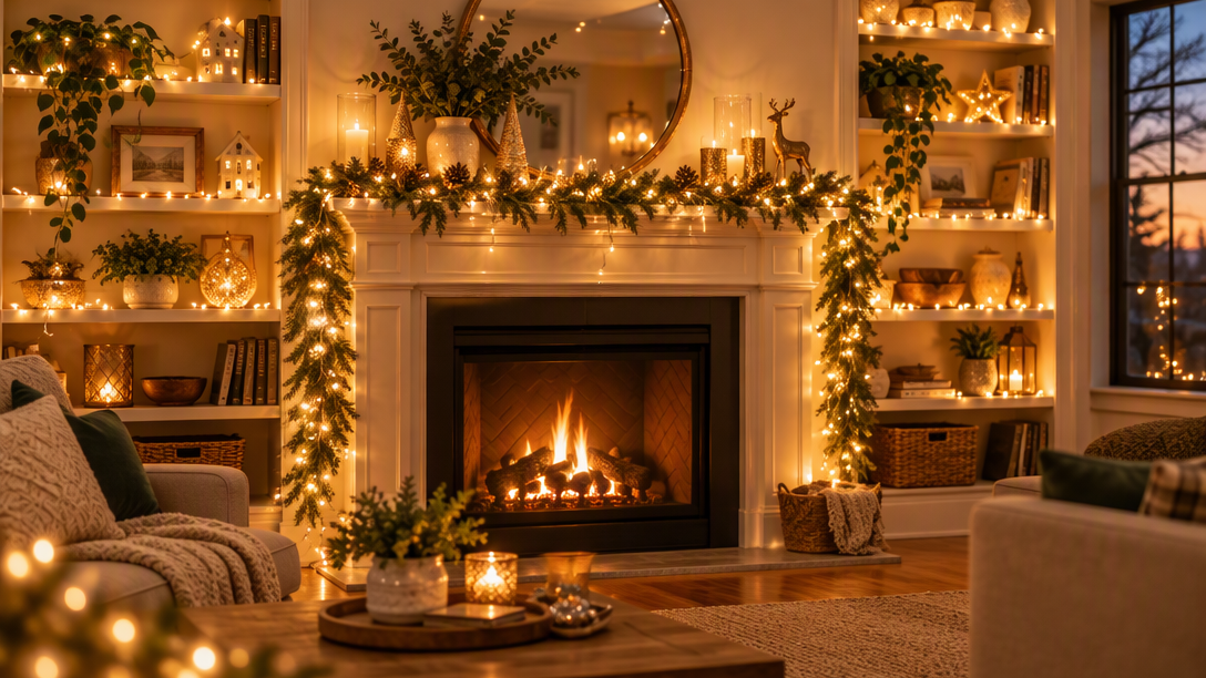 Warm white LED curtain lights forming a glowing backdrop