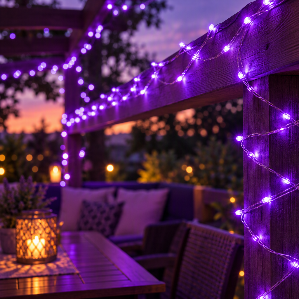 Purple LED fairy lights draped along a patio railing at dusk