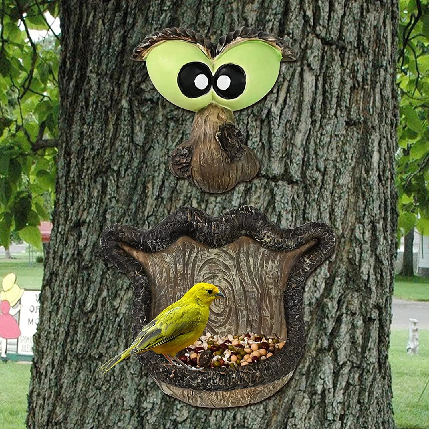 ALLADINBOX Tree Face Birdfeeder - Old Man with Glowing Eyes and Glasses in Dark Outdoor Tree Hugger Sculpture - Whimsical Garden Decoration and Wild Birdfeeder Yard Art