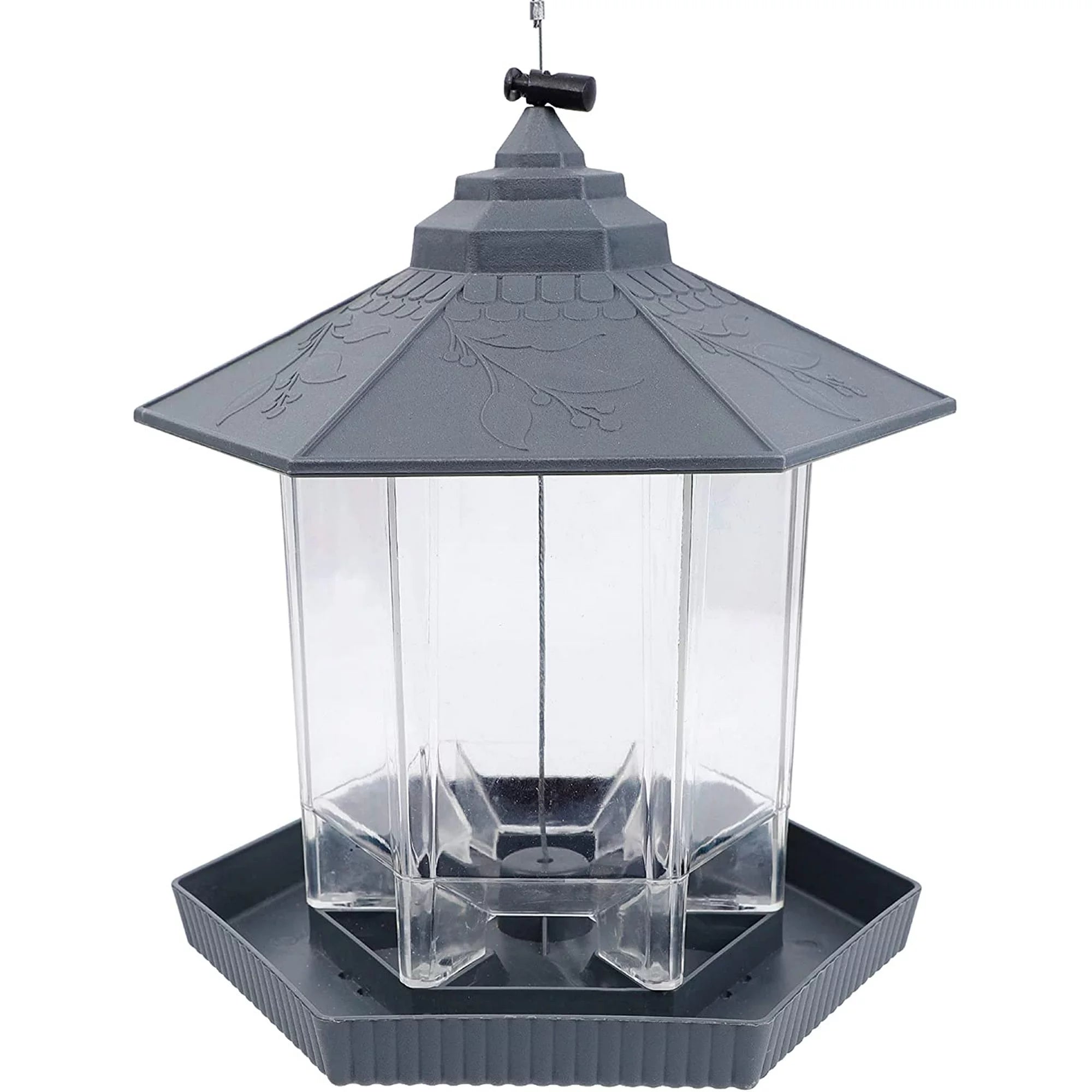 Wild Bird Feeder Hanging for Garden Yard Outside Decoration, Panorama Gazebo Birdfeeder, Hexagon Shaped with Roof, Grey