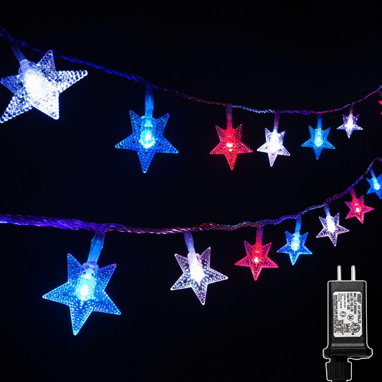 Red white and blue star string lights for July 4th decoration