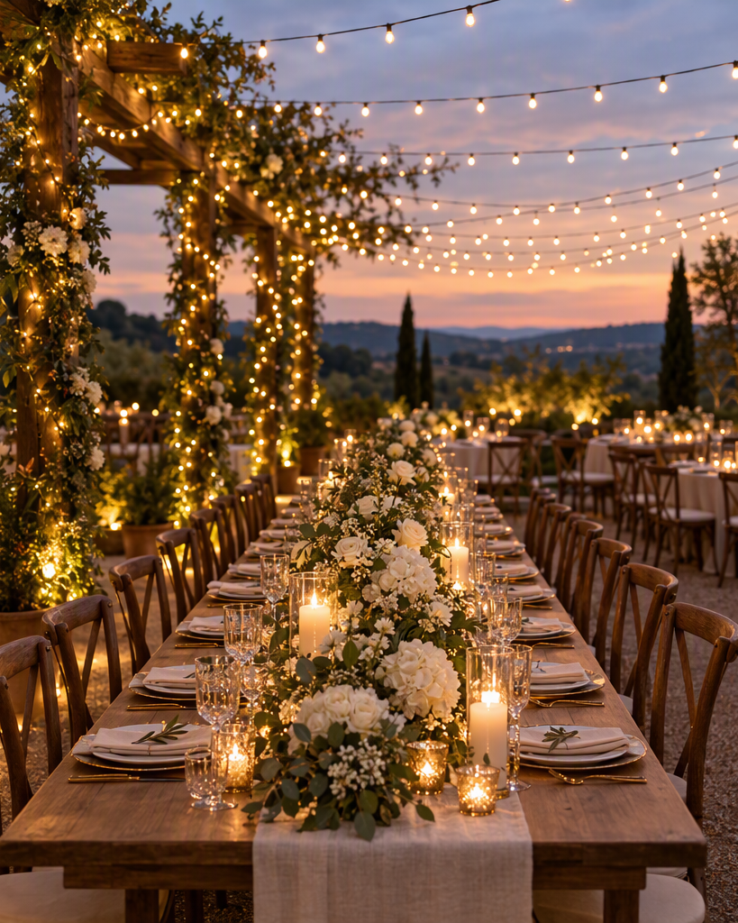 Warm string lights glowing over an outdoor wedding reception at dusk
