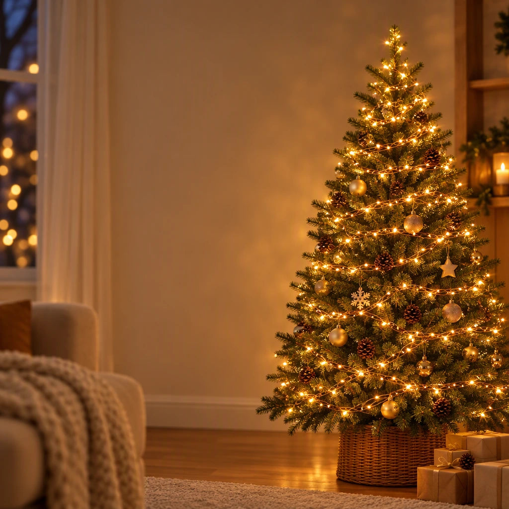 Indoor Christmas tree wrapped with warm white copper wire lights