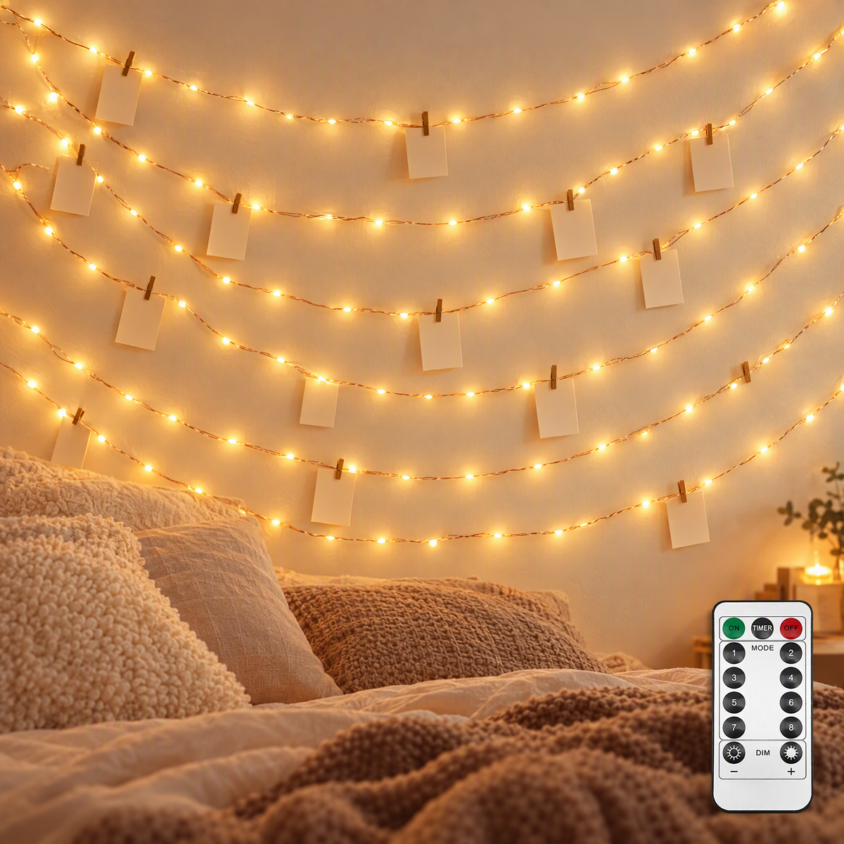 Twinkle Star warm white copper wire string lights draped above a bed with photo clips, 200 LED 66ft