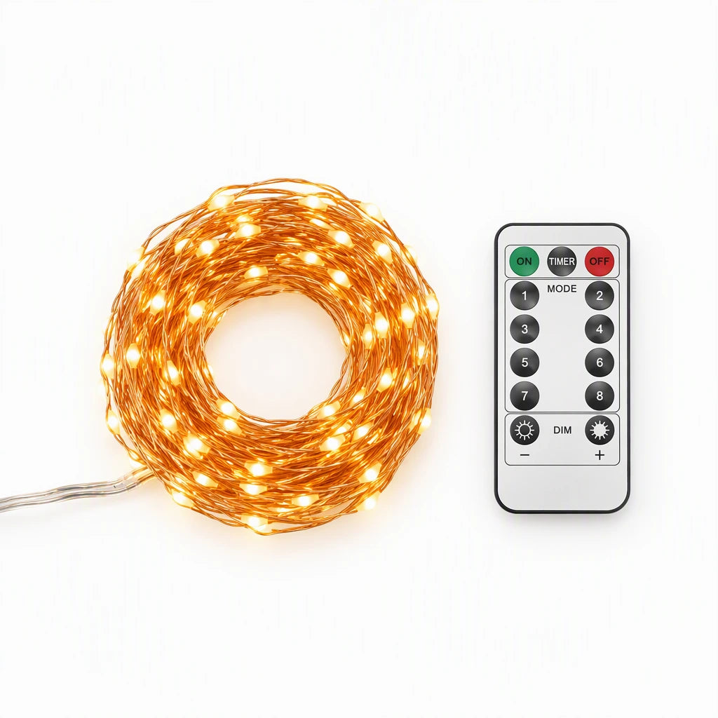 Flat lay of box contents: coiled string light and remote control
