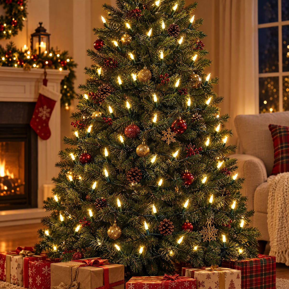 Indoor living room Christmas tree decorated with warm-white string lights