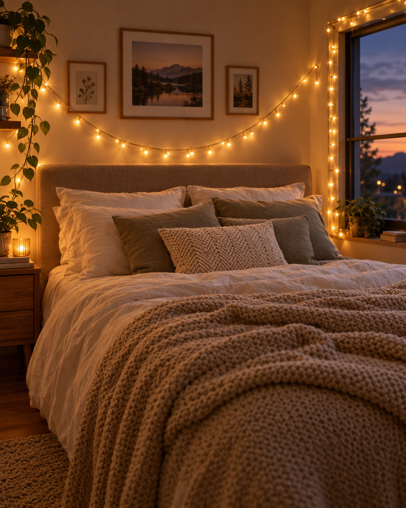 Warm white curtain string lights glowing across sunroom windows